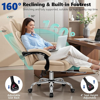 Big and Tall Office Chair 400lbs - Wide Memory Foam Seat with Lumbar Support, Reclining Executive Desk Chair with Footrest, Ergonomic Heavy Duty High Back Computer Chair, Khaki