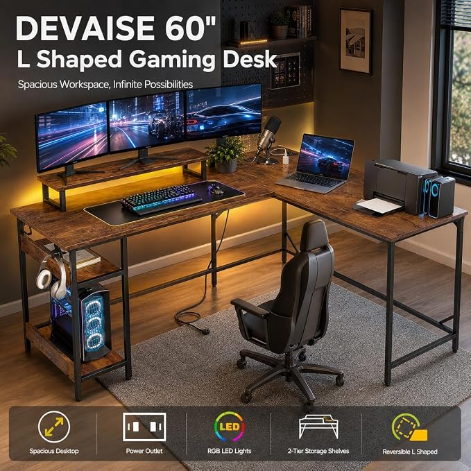 DEVAISE Full-Size 60" L Shaped Gaming Desk with LED Lights and Power Outlets - Reversible Corner Computer Table with Monitor Stand and Storage Shelves for Work and Gaming, Rustic Brown
