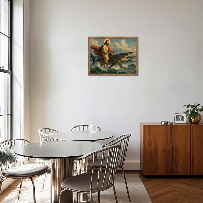 Framed Jesus Riding a Shark Wall Art, Humorous Christian Canvas Print, Fun Jesus Oil Painting, Religious Comedy Wall Decor, Christian Home Decor Gift for Living Room Bedroom Bathroom 12x16 inch