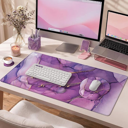 iCasso Purple Ergonomic Large Mouse Pad with Wrist Support, 4in1 XXL Desk Mat Set- Keyboard Wrist Rest + Mouse Wrist Rest + Coaster, Marble Style Desk Pad Mousepad