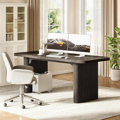 LITTLE TREE 62-Inch Computer Desk, Large Simple Writing Desk with Fluted Double Pedestal, Modern Home Office Desk, Wooden 5 Ft Small Conference Meeting Seminar Table, Charcoal Black