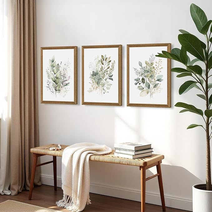 WRFON Framed Sage Green Botanical Wall Art Set of 3, Watercolor Eucalyptus & Wild Plant Canvas Prints, Minimalist Green Wall Decor for Living Room Bedroom Bathroom, 12x16 Inches