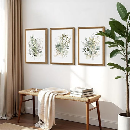 WRFON Framed Sage Green Botanical Wall Art Set of 3, Watercolor Eucalyptus & Wild Plant Canvas Prints, Minimalist Green Wall Decor for Living Room Bedroom Bathroom, 12x16 Inches