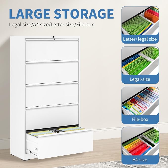 5 Drawer Metal Office Storage Filing Cabinet with Lock, White Lateral File Cabinet for Home Office, Horizontal Locking for Legal/Letter/A4, Assembly Required