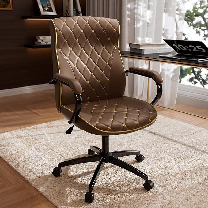 HomeZeer Brown Office Chair, Luxury Leather Executive Desk Chair | Elegant Timeless Appeal, Vintage Mid Back Styling with Wheels and Padded Arms, Thick High Density Foam Comfort