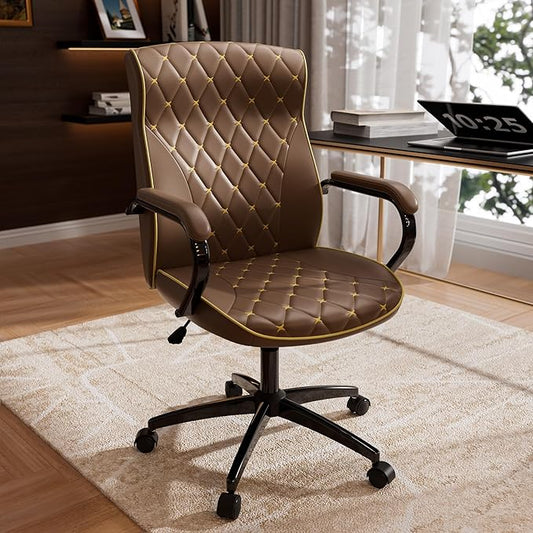 HomeZeer Brown Office Chair, Luxury Leather Executive Desk Chair | Elegant Timeless Appeal, Vintage Mid Back Styling with Wheels and Padded Arms, Thick High Density Foam Comfort