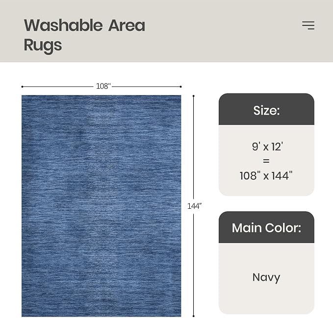 Valenrug Washable Rugs 9x12 - Non Slip 9x12 Area Rugs for Living Room, Stain Resistant Area Rugs for Bedroom, Foldable Machine Washable Area Rug(9'x12', Navy)