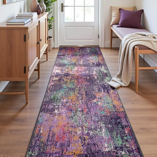 RELEANY Washable Area Rugs 2'x8' Non-Slip Modern Abstract Soft for Living Room Entryway Bedroom Kitchen, Print Pattern, Purple Orange Blue Green Rust Red Colorful
