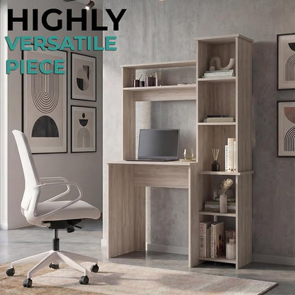 Tuhome Versalles Writing Desk with Two Superior Shelves, Five Side Open Storage Compartments, Space-Saving Modern Workstation Design for Studios and Offices, Ideal for Organization