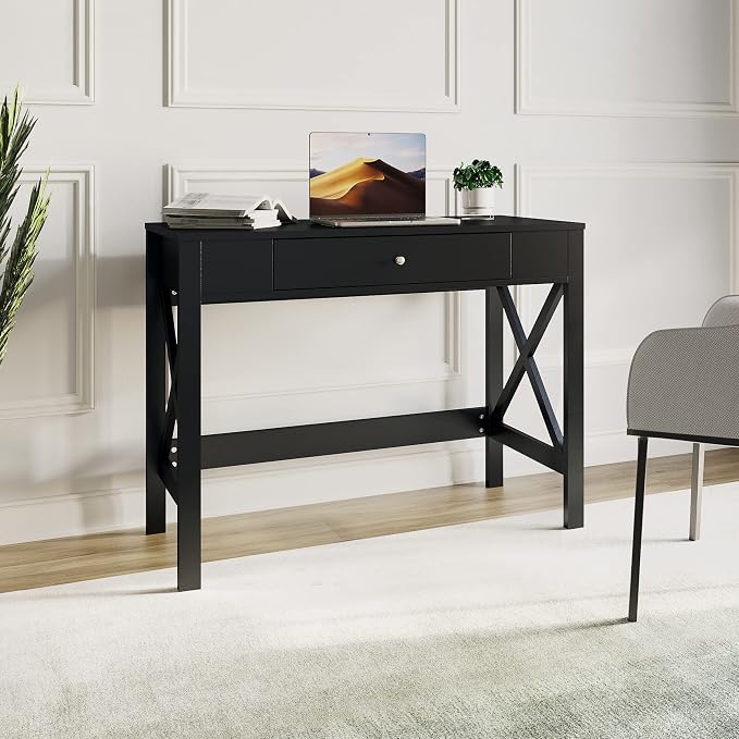 Lavish Home Writing Desk - Modern Desk with X-Pattern Legs and Drawer Storage - for Home Office, Bedroom, Computer, or Craft Table (Black)