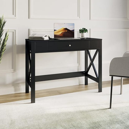 Lavish Home Writing Desk - Modern Desk with X-Pattern Legs and Drawer Storage - for Home Office, Bedroom, Computer, or Craft Table (Black)