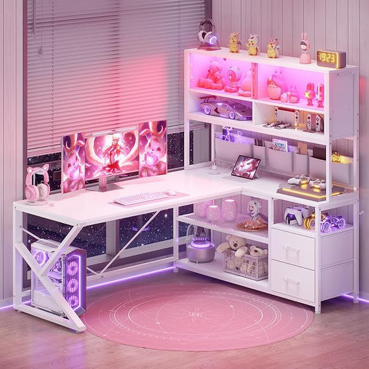 SEDETA L Shaped Gaming Desk, Home Office Computer Desk with 2 Drawer and Bookshelf, L Shaped Gaming Corner Desk with LED Light, Glass Cabinet,Storage Bag and Storage Shelves, White