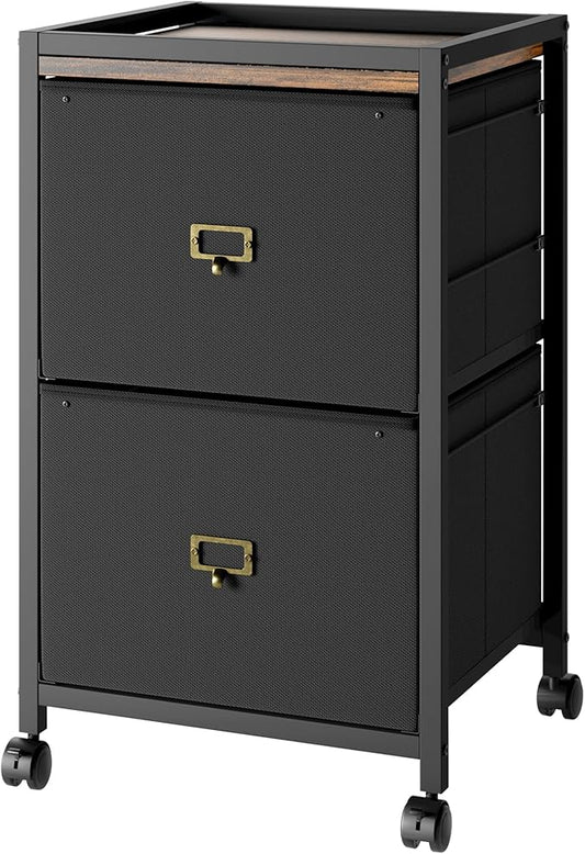 Garvee File Cabinet with 2 Drawers, Mobile Filing Cabinet Fits Letter Size or A4, Fabric Vertical File on Wheels, Home Office Small Under Desk Filing Storage Cabinets, Black
