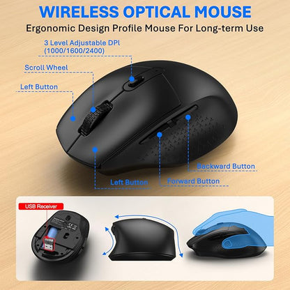 Ergonomic Wireless Keyboard Mouse Combo, EDJO Bluetooth/2.4G Dual-Mode Connection, Soft Foam Wrist Rest, Silent Typing, Waves Key Design and 3-Level DPI Adjustable Wireless Mouse for Windows, Mac OS