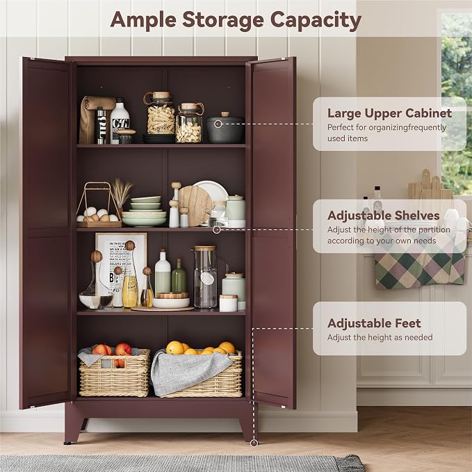 Baborokic 61H Metal Storage Cabinet with 2 Doors and Adjustable Shelves,Farmhouse Storage Cabinet with Barn Doors,Pantry Storage for Home,Office,Dining Room,Kitchen(Burgundy)