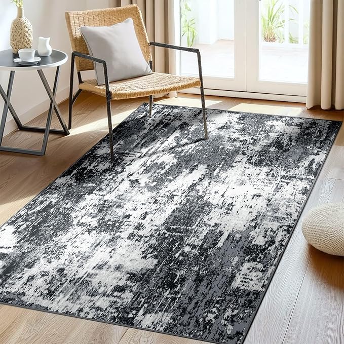 RELEANY Washable Area Rugs 4'x5' Non-Slip Modern Abstract Soft for Living Room Entryway Bedroom Kitchen, Print Pattern, Black Navy Blue Gray