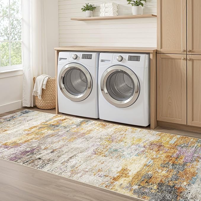 Runner Rug Kitchen Washable Rugs: 2x5 Non-Slip Abstract Soft Modern Stain Resistant Indoor Floor Neutral Accent Throw Carpet for Hallway Bathroom Laundry Room Entryway Bedroom- Gold Colorful
