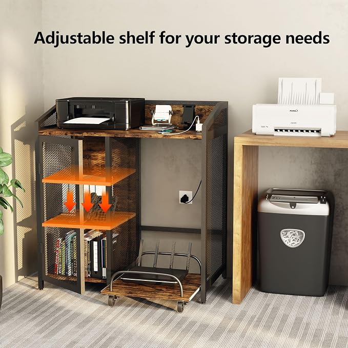 Printer Stand with Charging Station, Mobile Shredder Stand – 3 Tier Lateral Printer Table with Open Storage Shelves- Printer Cabinet for Office Home Use with Adjustable Shelves and Mesh Door