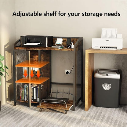 Printer Stand with Charging Station, Mobile Shredder Stand – 3 Tier Lateral Printer Table with Open Storage Shelves- Printer Cabinet for Office Home Use with Adjustable Shelves and Mesh Door