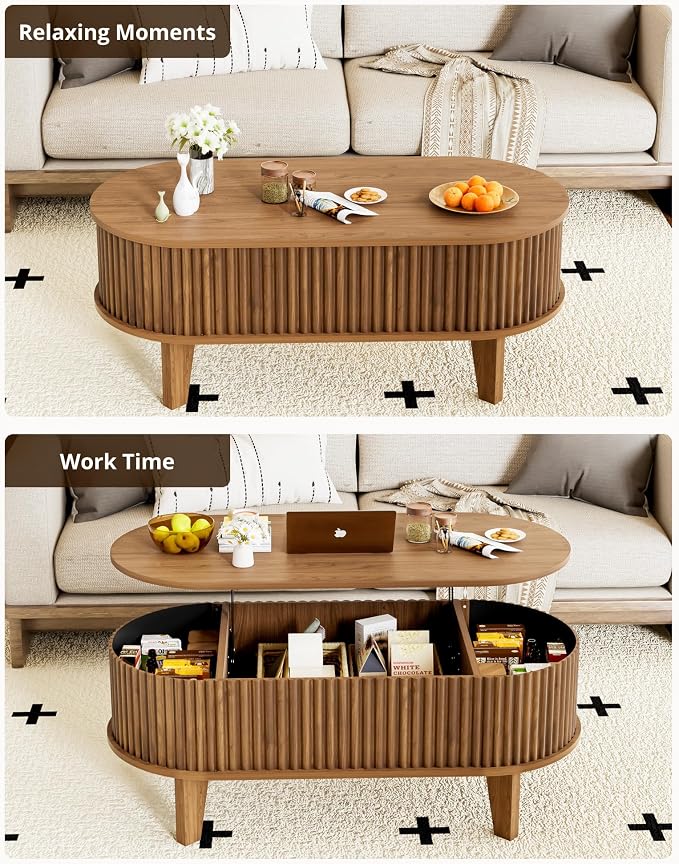 Oval Lift Top Coffee Table with Storage, 41" Wood Fluted Modern Living Room Center Table for Home Office, Walnut