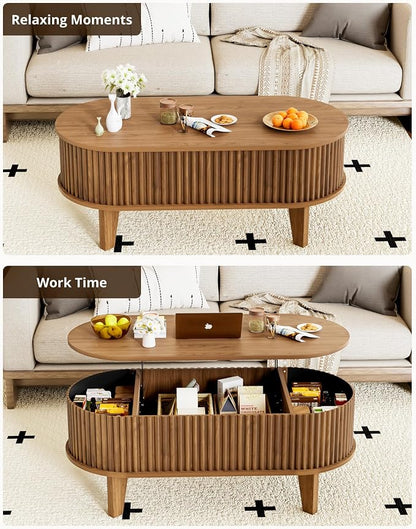 Oval Lift Top Coffee Table with Storage, 41" Wood Fluted Modern Living Room Center Table for Home Office, Walnut