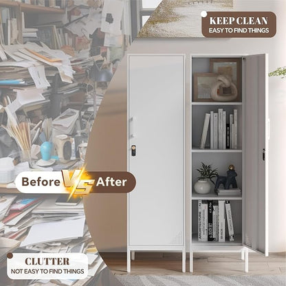 White Metal Locker Cabinet, 59.1" Lockable Storage Locker for Employees with Adjustable Shelves, Locking File Cabinet Door for Office, School, Gym, Garage