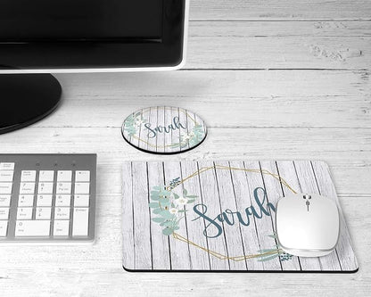 Personalized Mouse Pad and Coaster Custom Desk Set Teacher Appreciation Coworker Gifts Office Decor Cute AccessoriesHandmade (Teal Wreath Barnwood)