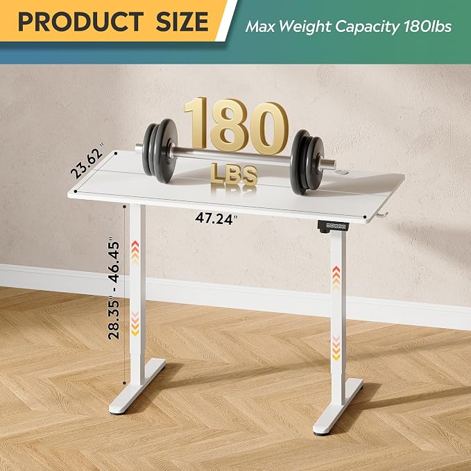 DEVAISE 48 Inch Electric Standing Desk, 3 Adjustable Computer Desk for Home Office, Ergonomic Sit to Stand Desk with LED Touchscreen，Headphone Hook, 3 Memory Preset, with Split Top, White