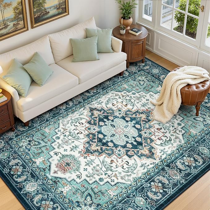 Lofus 6x9 Washable Rugs Non-Slip, Vintage Floral Area Rug for Living Room Bedroom Dining Room Kitchen, Low Pile Distress Print Medallion Carpet Home Decor Rug, Floral Green Beige