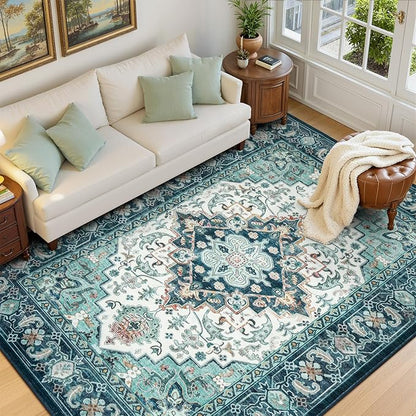 Lofus 6x9 Washable Rugs Non-Slip, Vintage Floral Area Rug for Living Room Bedroom Dining Room Kitchen, Low Pile Distress Print Medallion Carpet Home Decor Rug, Floral Green Beige