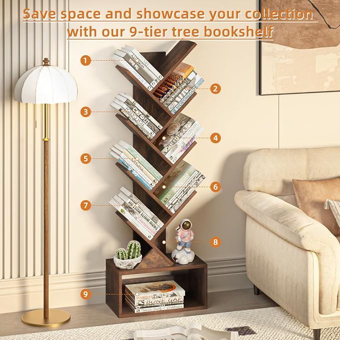 SHEEPAM 9 Tier Tree Bookshelf,Christmas Green Bookcase for Narrow Space, Storage Organizer Floor Standing Bookshelves for Books, Tall Book Case for Home Office, Living Room, Bedroom
