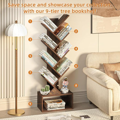 SHEEPAM 9 Tier Tree Bookshelf,Christmas Green Bookcase for Narrow Space, Storage Organizer Floor Standing Bookshelves for Books, Tall Book Case for Home Office, Living Room, Bedroom