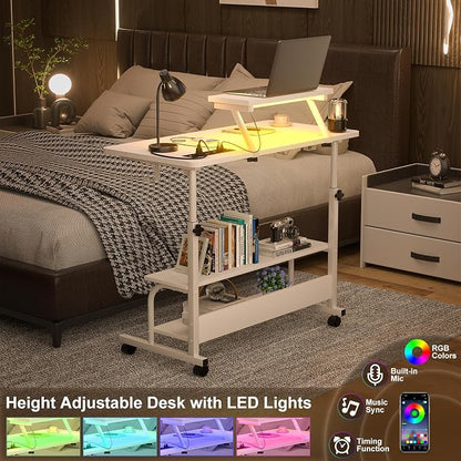 Height Adjustable Standing Desk with Power Outlets and LED Lights - 32" Manual Stand Up Desk with Monitor Stand and Storage Shelves Small Mobile Rolling Computer Desk Portable Laptop Table, White