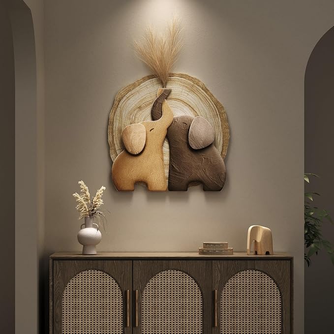 Troartos 3D Textured Elephant Wall Art Decor, Minimalist Neutral Brown Animal Artwork for Walls, Tree Ring Wall Decor for Living Room, Dining Room, Bedroom, Home Office 24x24 Inch