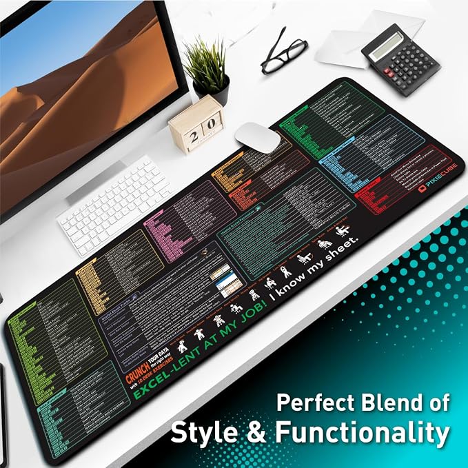 Pixiecube Excel Shortcut Keys Mouse Pad - Extended Large XXL Cheat Sheet Gaming Mousepad | PC Office Spreadsheet Keyboard Mat | Non-Slip Stitched Edge