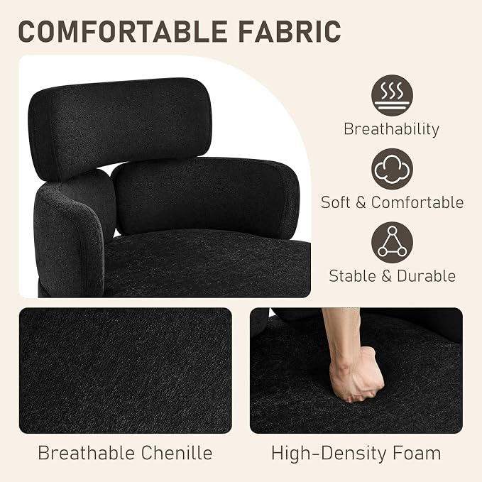 Modern Upholstered Office Chair with Wheels, Adjustable Height Swivel Desk Chair with Arms, Comfy Fabric Task Chair for Home Office, Bedroom, Study Room, Rolling Base,Black