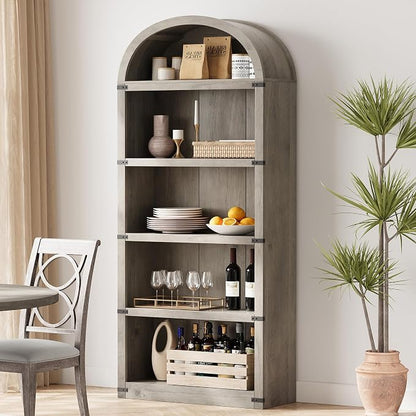GarveeHome Bookcase 5 Shelf Arched Bookshelf 71.65 in Tall Bookcase Farmhouse Display Storage Rack Wooden Bookshelves for Home Office, Living Room (Rustic Gray)