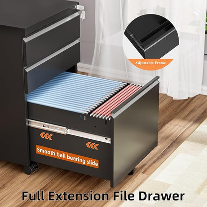 INTERGREAT 3 Drawer File Cabinet, Metal Filling Cabinets with Lock, Locking Office Mobile Cabinet with Wheels for Legal/Letter Size, Under Desk, Assembled Required, Black