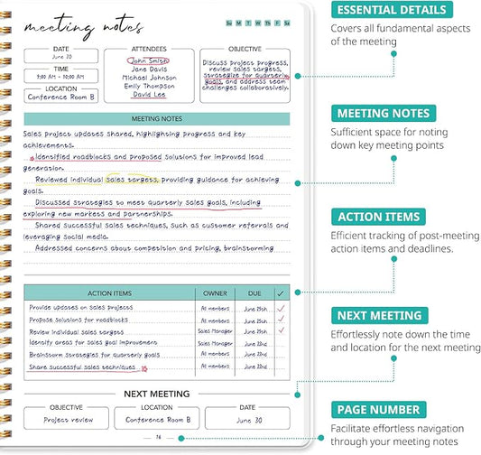 Meeting Notebook for Work Organization - Work notebook with action items, Meeting Minutes Planner Notebook, Perfect Office Supplies for Men & Women - Emerald Drift