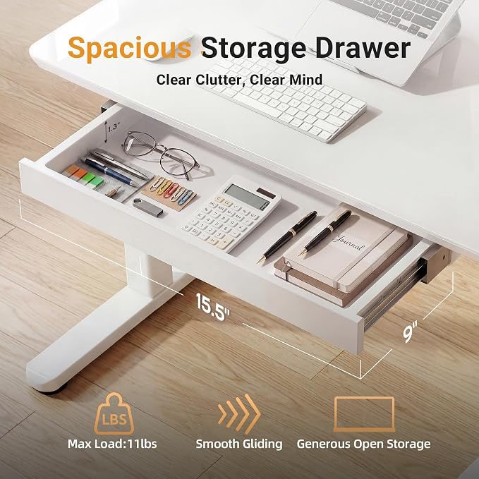 INNOVAR Glass Standing Desk with Drawers, 32×19 Inch Adjustable Stand Up Desk, Quick Install Home Office Computer Desk, White