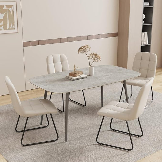 HIPIHOM 55.1'' Dining Table Set for 4,Modern Wood Dining Table,Leather Dining Chairs 4,Table and Chairs Set of 4,Ideal for Kitchen Dining Room (Gray Table + 4 U-Shaped White Chairs, 55.1")