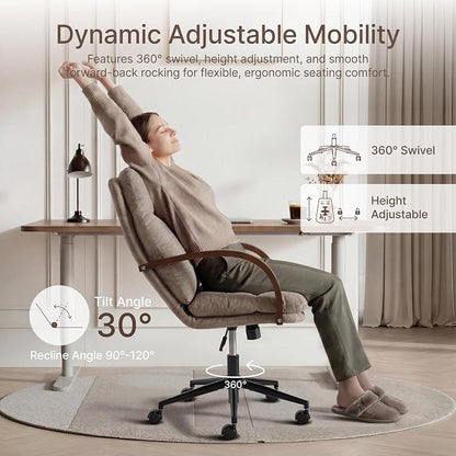 KISLOT Home Office Desk Chair, Ergonomic Office Chair with Lumbar Support, Adjustable Swivel Computer Chair with Wheels, Fabric Executive Task Chair with Wood Arms, Set of 2, Khaki