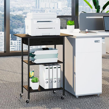 Arbuxzuy 3-Tier Printer Stand, Printer Table with Fabric Drawer, Industrial Printer Storage Cart with Wheels, Rolling Printer Stand for Heat Press Scanner Fax, Black