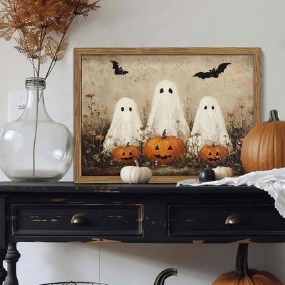 Framed Rustic Halloween Ghost Wall Art - Vintage Farmhouse Ghosts Pumpkins and Bats Canvas Print, Country Cottage Halloween Wall Decor for Living Room Bedroom, 12x16in Wood Frame