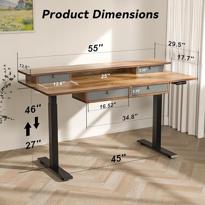 FiCiHi Adjustable Height Standing Desk with 4 Drawers,55 x 30 inches Electric Sit Stand Home Office Desk with Two Tiers, 3 Memory Presets, Monitor Stand Riser, USB A/C Charging Port
