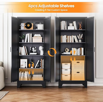 Metal Black Storage Cabinet with 2 Doors and 4 Adjustable Shelves, 75" Tall Kitchen Pantry cabinets, Farmhouse Food Pantry Cabinet,5 Tier Freestanding Barn Door Cupboard for Kitchen Dining/Living Room