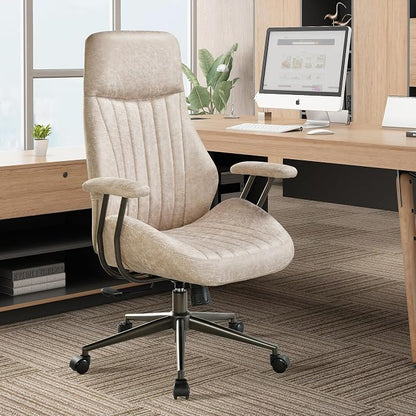 High Back Home Office Chair,Mid Century Modren Ergonomic Executive Chair,Lumbar Support Swivel Task Chair with Wheels,Computer Desk Chair Suede Fabric,350LBS (Beige)