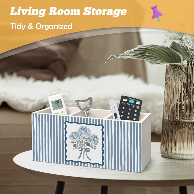 Blue Hydrangea Floral Pen Holder Organizer for Desk Accessories, Floral Office Decor, Blue Striped Cottagecore Botanical Hydrangea Flower Wooden Box Sign Desk Decorations for Home Office Decor