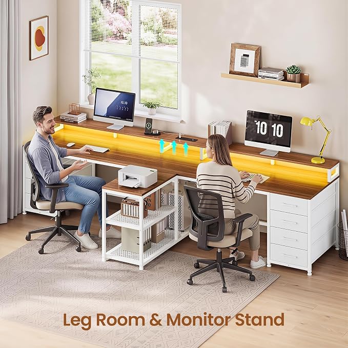 SEDETA 94.5" 2 Person Gaming Desk, Long Office Computer Desk with 8 Drawers & LED Light, Two Person Desk with Storage, Power Strip & Monitor Shelf for Home Office, Brown+White