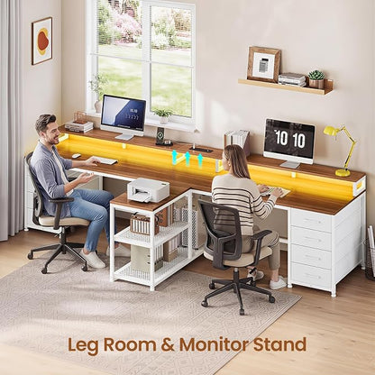 SEDETA 94.5" 2 Person Gaming Desk, Long Office Computer Desk with 8 Drawers & LED Light, Two Person Desk with Storage, Power Strip & Monitor Shelf for Home Office, Brown+White